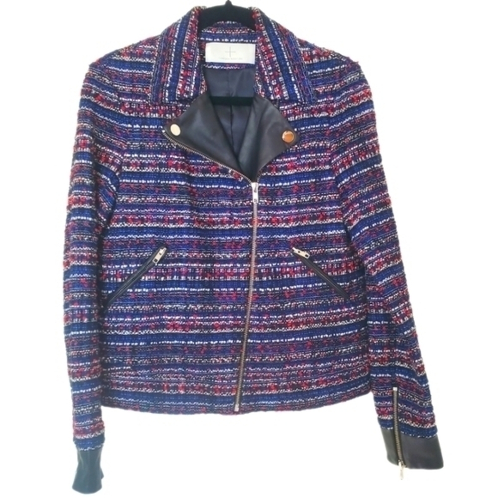 Thakoon Women's Boucle Tweed French Lambskin Leather Trim‎ Wool Moto Jacket